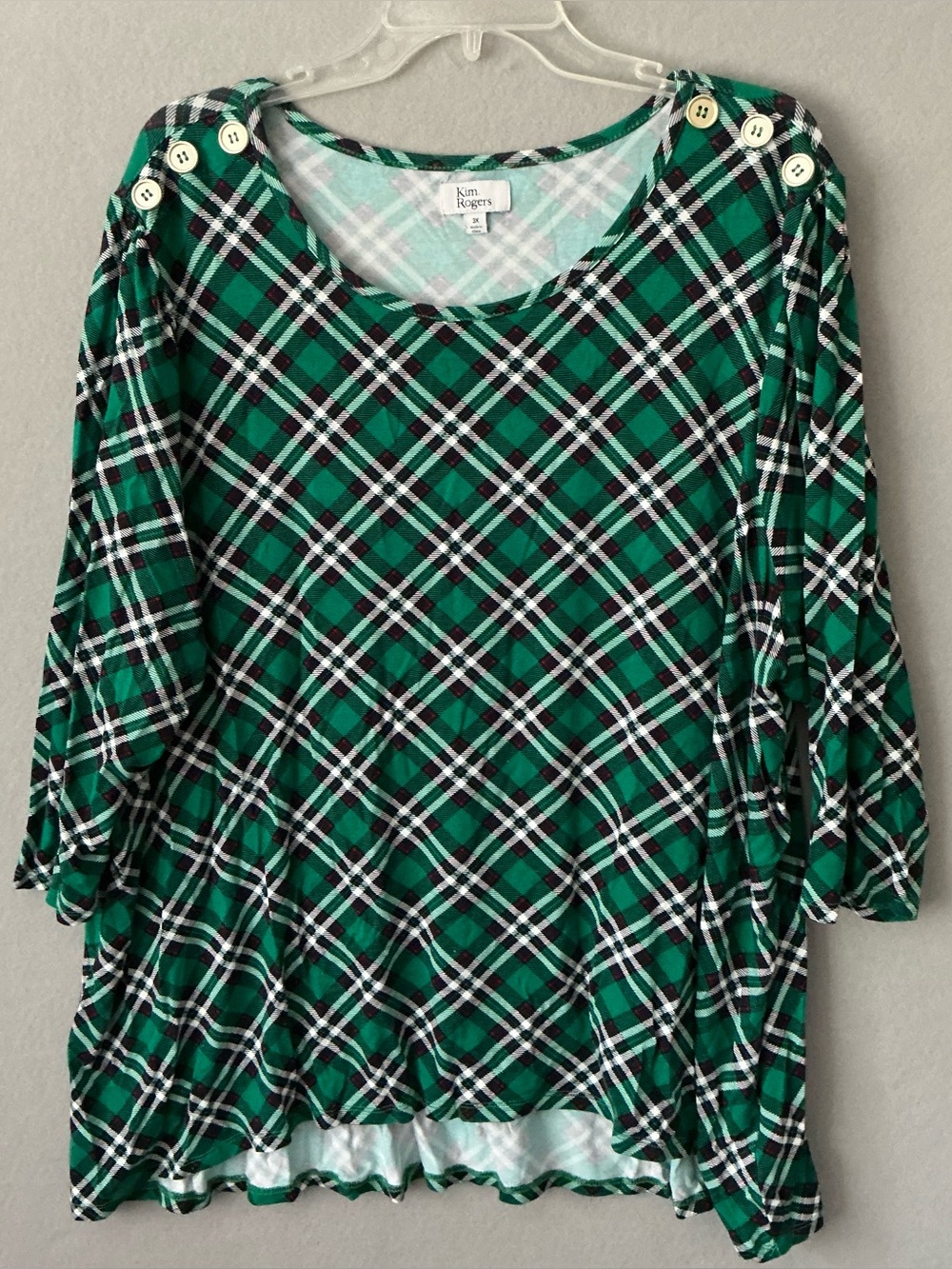 Kim Rogers 3X Top Women Green Black White Tartan Plaid 3/4 Sleeve Knit Shirt